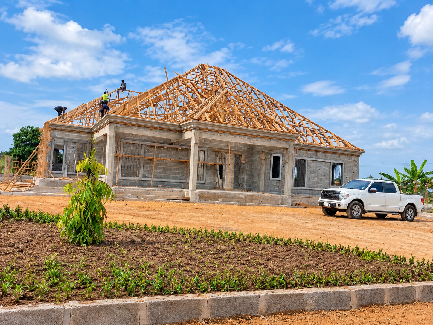 Construction professionals carrying out structural work on site